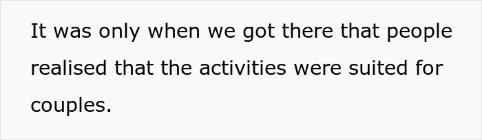 Text on a white background stating that people realized the activities were suited for couples during the getaway.