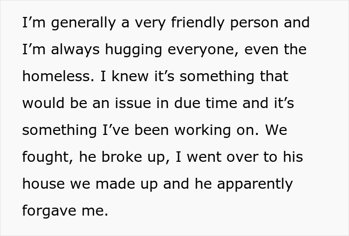 Text on a screen describing a friendly person reflecting on a breakup and reconciliation, involving micro-cheating concerns.