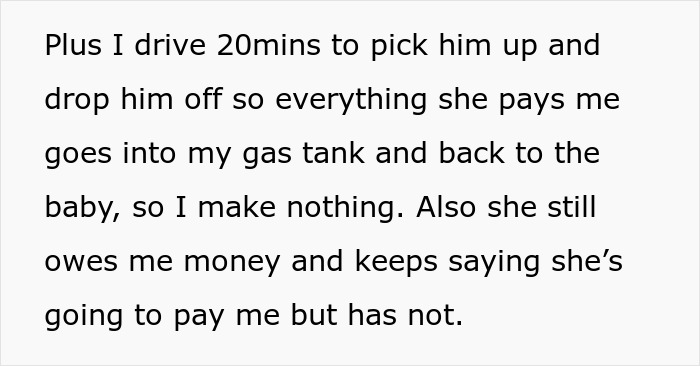 Text about babysitting challenges, including driving time and unpaid money, related to vacation without kids babysitting. Text about babysitting challenges, including driving time and unpaid money, related to vacation without kids babysitting.