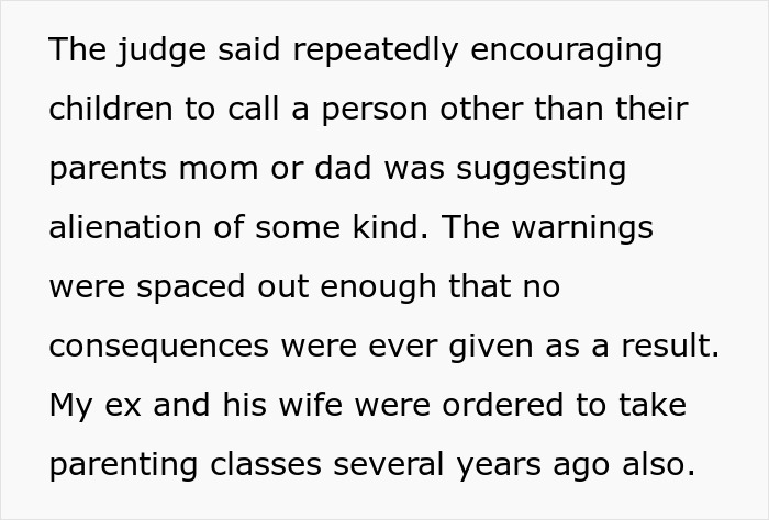 Text discussing a judge warning about alienation when children are encouraged to call others instead of their parents mom or dad.