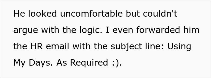 Text screenshot showing a conversation about an employee using all PTO days as required before the deadline.