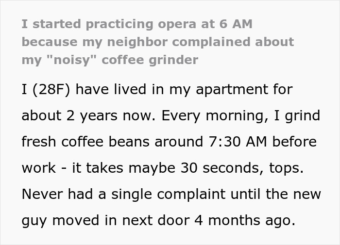 Text excerpt about a neighbor who complained about a noisy coffee grinder causing early morning disturbances.