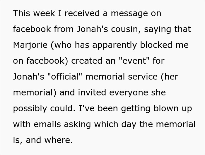 Text message about best friend of late man creating secret memorial event, sparking drama and confusion with widow involved.