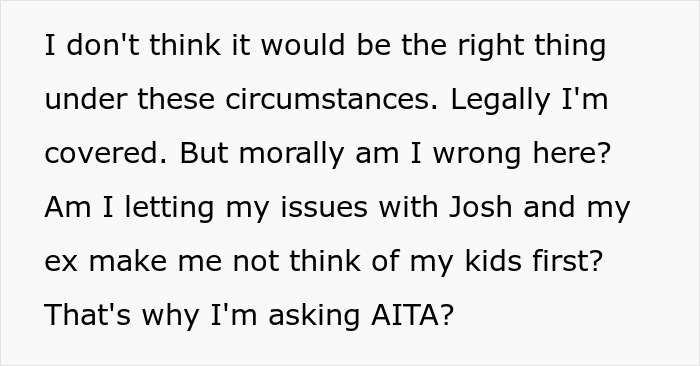 Text excerpt discussing a dad active in kids&rsquo; life questioning morality amid issues with ex and her new husband.