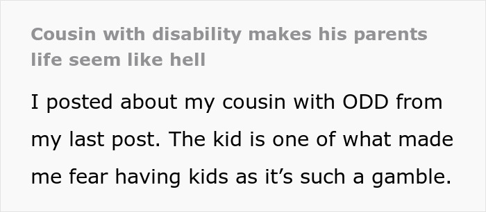 Text excerpt about a cousin with a disability causing challenges, related to babysitter refusing one child and discrimination.