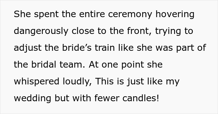 Groom&rsquo;s mom in a wedding dress disrupts ceremony, hovering near bride and adjusting her train during the big day.