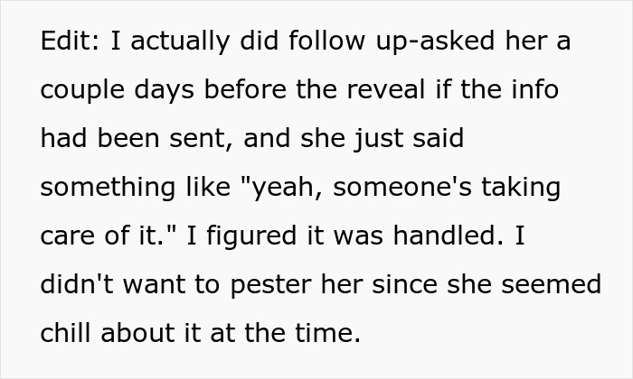 Text message discussing follow-up about details before the gender reveal party with a mention of the pregnant sister.