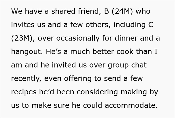 Text about a friend slipping bone broth into soup, causing issues for a meat-allergic woman and vegetarian concerns.