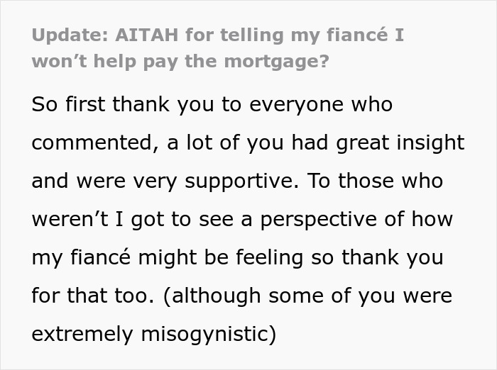 Text excerpt from a woman at crossroads after partner of 10 years wants to buy a house only for him.