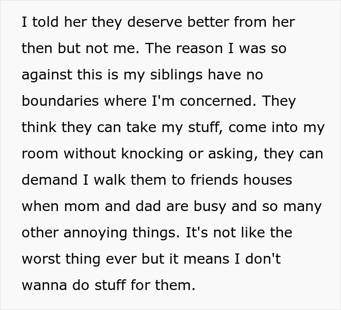 Text discussing a son's boundaries with siblings and mom guilt-trips over making lunch only for himself.