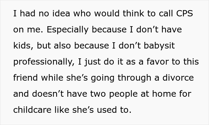 Text excerpt discussing a mother-in-law calling Child Protective Services on a babysitter helping a friend. Text excerpt discussing a mother-in-law calling Child Protective Services on a babysitter helping a friend.
