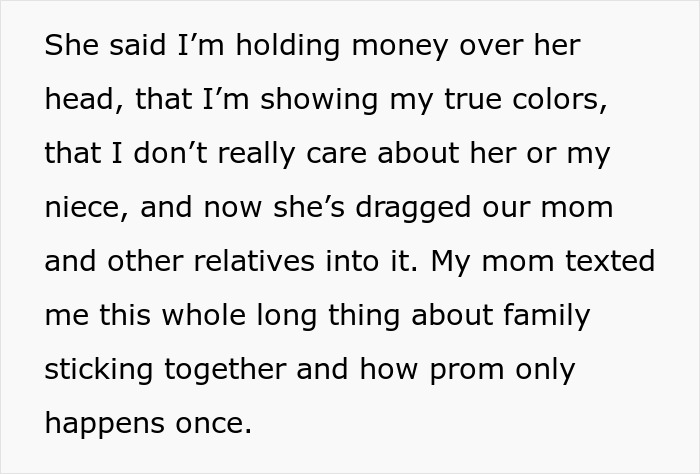Text screenshot showing a message about family conflict over niece's college fund used for prom without permission. Text screenshot showing a message about family conflict over niece's college fund used for prom without permission.