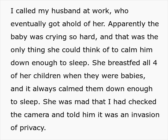 Mother-in-law caught trying to breastfeed baby she was watching, causing mom to be furious over privacy invasion.