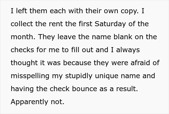 Text excerpt explaining rent collection and roommates unaware of house ownership, highlighting woman&rsquo;s roommates and sisters freak out.