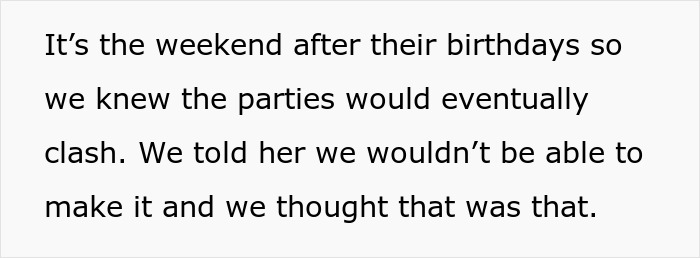 Text about friend asking to cancel kid&rsquo;s party to attend her kid&rsquo;s party causing a scheduling clash and conflict.
