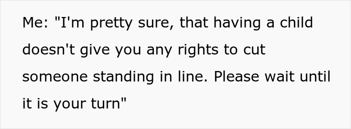 Conversation text about entitled mother insisting on paying for an upgrade and cutting line rights.