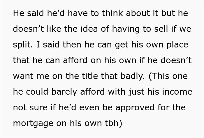 Text excerpt about a woman at crossroads after partner of 10 years wants to buy a house only for him without joint ownership.
