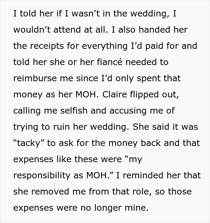Alt text: Maid of honor demands reimbursement after bride excludes her due to pregnancy weight, causing wedding conflict. Alt text: Maid of honor demands reimbursement after bride excludes her due to pregnancy weight, causing wedding conflict.