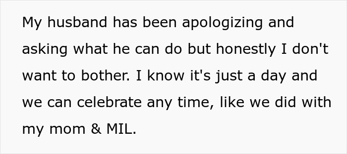 Text message from wife explaining her husband apologizing after skipping her first Mother's Day to spend time with his mom.