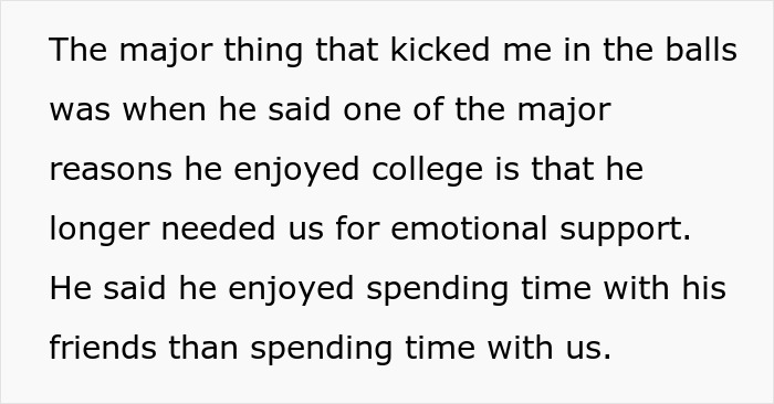 Text discussing a son blowing up at parents over years of neglect and emotional support challenges.