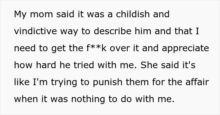 Text showing a daughter rejecting her mom&rsquo;s affair partner to walk her down the aisle after her dad passes away.