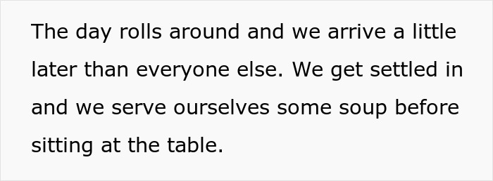 Woman reacts with surprise and concern after friend slips bone broth into her soup despite her meat allergy.