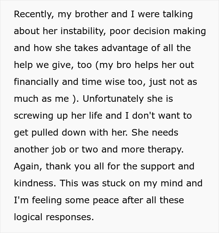 Text discussing family struggles with babysitting and emotional boundaries set by a child-free lady to protect her peace.