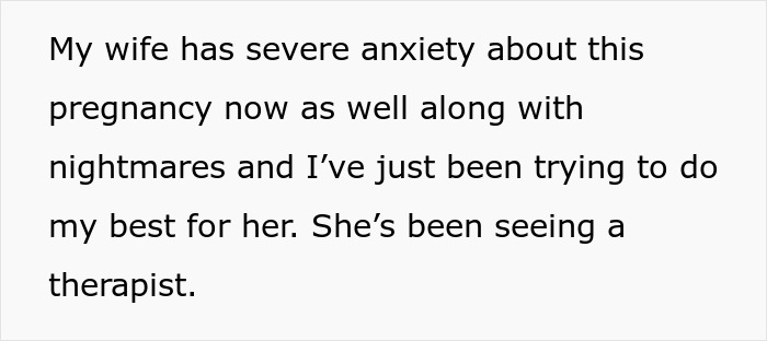 Text post discussing wife's severe anxiety and nightmares during pregnancy while seeing a therapist in MIL shock scenario.