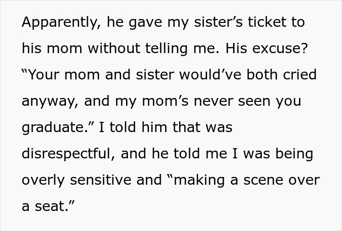 Woman&rsquo;s graduation day disrupted after husband gives sister-in-law&rsquo;s seat to his mom without notice or apology