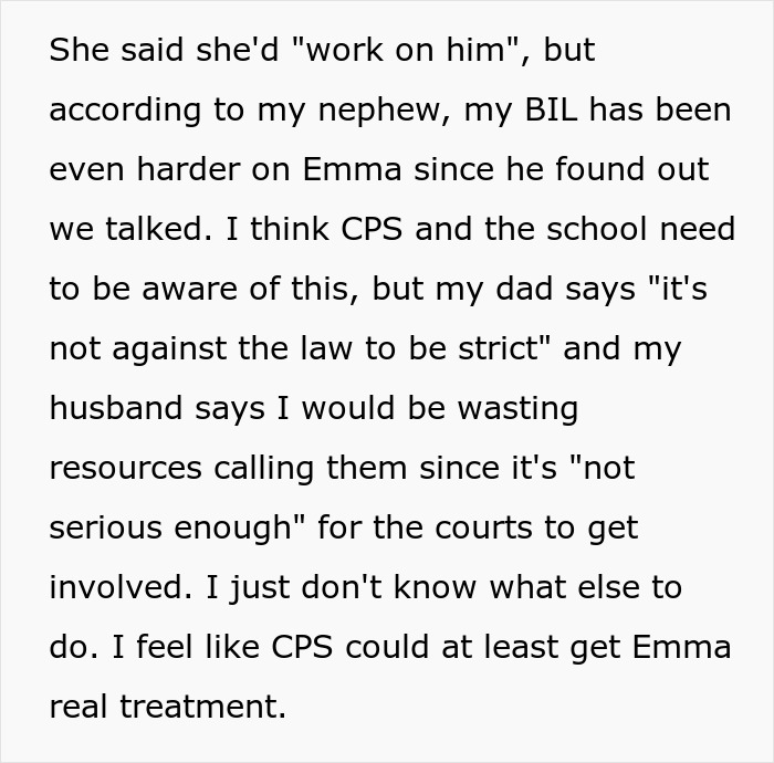 Text discussing concerns about niece&rsquo;s home life and debating calling CPS for real treatment and school awareness.