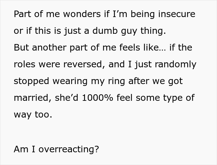 Text excerpt discussing feelings about a woman refusing to wear her engagement ring and the worried fiancé's perspective. Text excerpt discussing feelings about a woman refusing to wear her engagement ring and the worried fiancé's perspective.