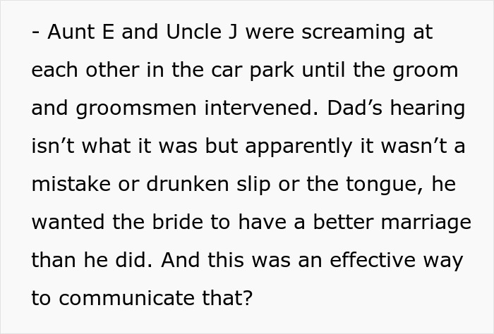 Bride's dad causes unexpected drama by divorcing his wife at the wedding, shocking guests and altering the celebration atmosphere.