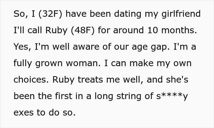 Text excerpt from a woman dating someone 16 years older, discussing age gap and parental disapproval during dinner. Text excerpt from a woman dating someone 16 years older, discussing age gap and parental disapproval during dinner.