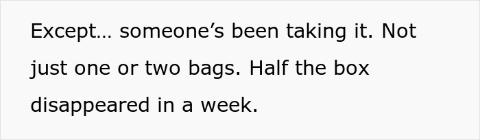 Text on screen showing a message about a coworker tea thief taking half the tea bags from a box in a week. Text on screen showing a message about a coworker tea thief taking half the tea bags from a box in a week.