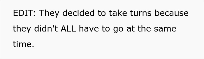 Text on a screen stating an edit about taking turns so not everyone has to go at the same time.