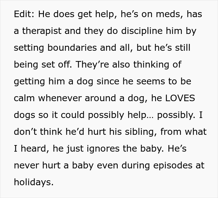 Text discussing a child receiving therapy and medication, and plans to get a dog to help calm him, related to babysitter refusal.