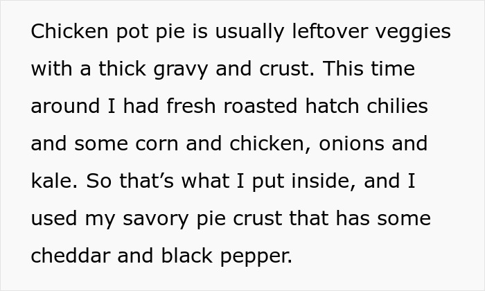 Close-up of a chicken pot pie with a savory crust and fresh roasted hatch chilies, corn, chicken, onions, and kale filling.