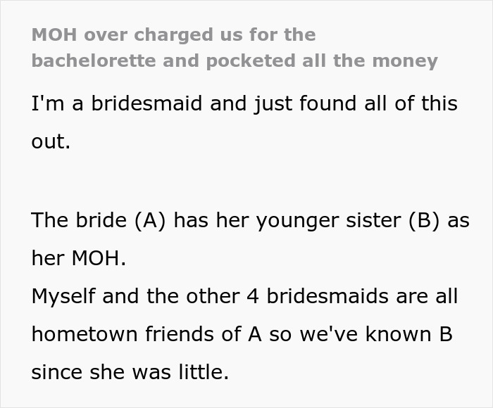 Text excerpt about MOH overcharging for bachelorette party and pocketing money revealed by bridesmaid.