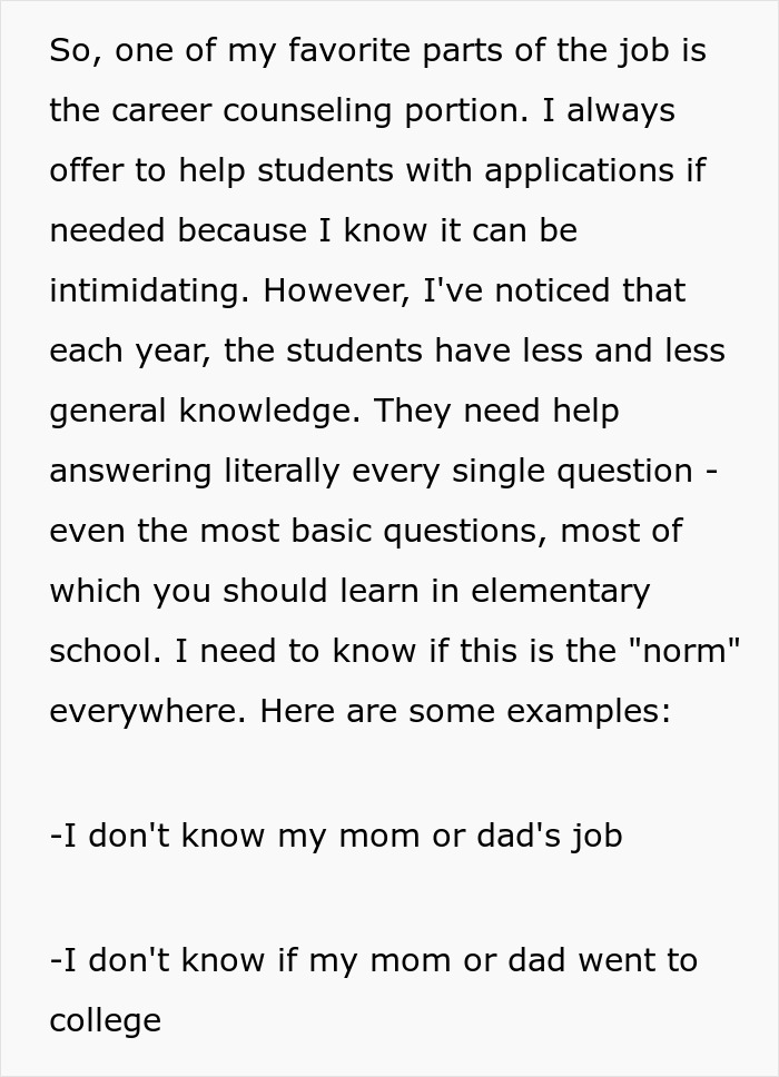 Text discussing educators' concerns about high schoolers' lack of general knowledge and career counseling challenges. Text discussing educators' concerns about high schoolers' lack of general knowledge and career counseling challenges.