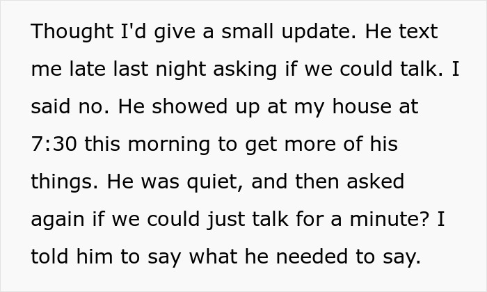 Text describing a woman confronting her cheating boyfriend at his house after he calls her a crazy psycho.