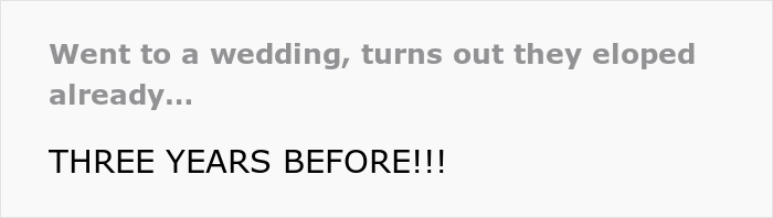 Wedding guests looking shocked and confused after couple reveals they eloped three years before the wedding day. Wedding guests looking shocked and confused after couple reveals they eloped three years before the wedding day.