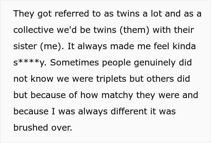 Alt text: Triplets favored by family for matching looks while one sibling feels ignored and different, causing emotional distress.