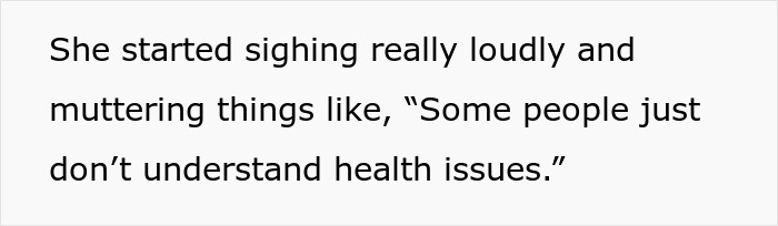 Text showing a coworker sighing loudly and muttering about others not understanding dietary needs and health issues.