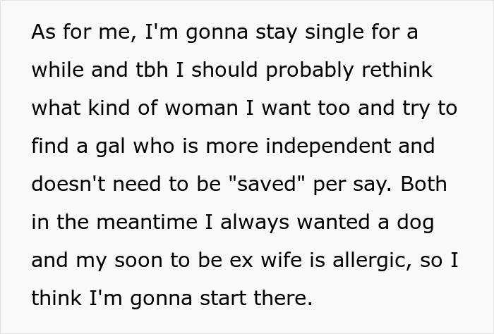 Text excerpt about staying single and rethinking the kind of woman wanted after wife cheats, mentioning mind control excuse.