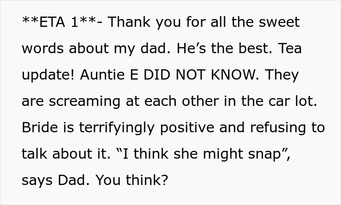 Text update describing bride's dad and wife screaming at each other at wedding, revealing unexpected family drama.