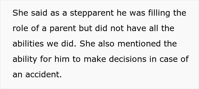 Text about stepparent role and decision-making in accidents, relating to dad active in kids' life and ex&rsquo;s new husband concerns.