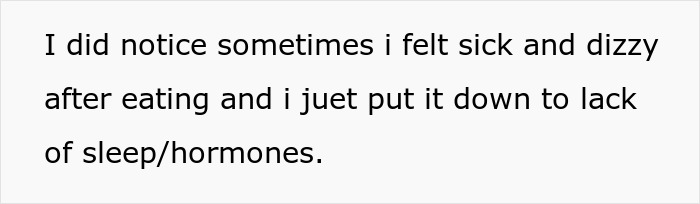 Text on screen discussing feeling sick and dizzy after eating, mentioning lack of sleep and hormones as possible causes.