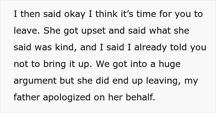 Text excerpt showing a conflict where a mother-in-law is kicked out after unhinged comments about wife's pregnancy.