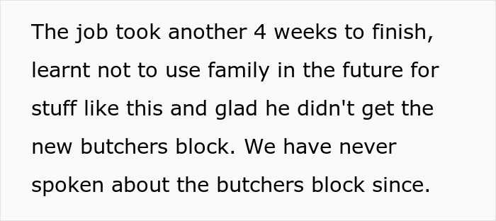 Text describing a kitchen renovation delay caused by family involvement, highlighting regret and unfinished tasks.