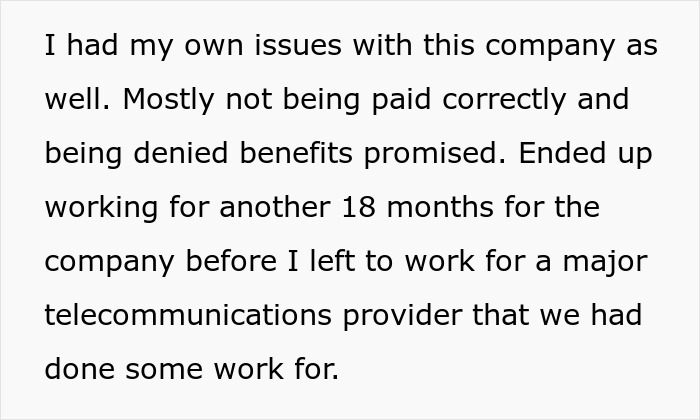 Text excerpt from a person describing issues with underpayment and moving on to control big money projects.